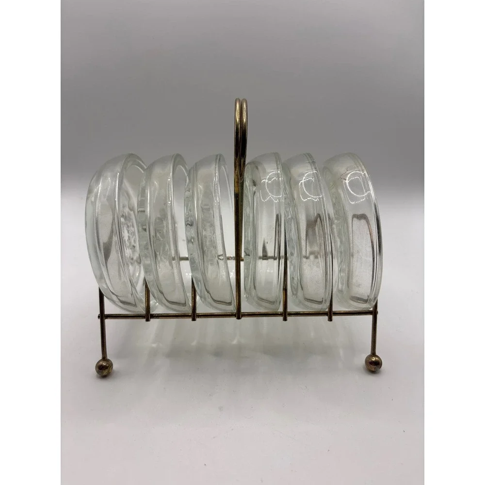 Vintage Glass Coasters Set of 6 with Brass Caddy Rack Floral Pressed Clear Glass